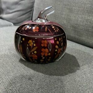 Aldi Kirkton Maroon Glass Pumpkin Candle with lid Floral Design Fallen Leaves